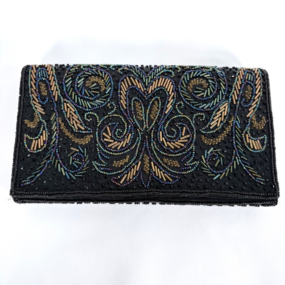 Carolyne Barton Beaded Clutch Black Iridescent Gold Paisley Evening Bag - Picture 1 of 10